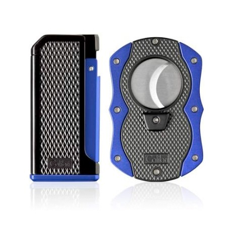 Colibri Monza I - Single Jet Cigar Lighter and Cutter Gift Set - Blue