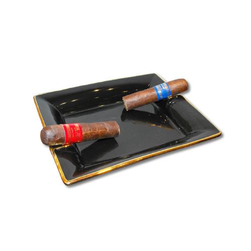 Cigar Ashtray - Two Cigar Rest -  Oblong Black and Gold