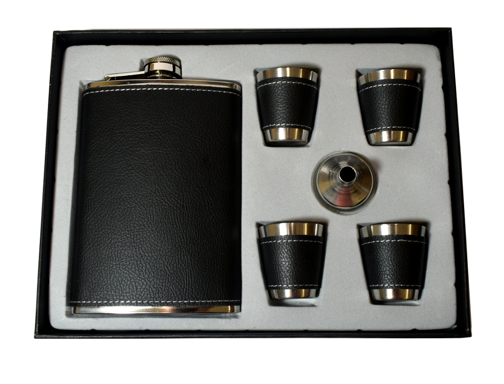 Honest 9oz Black Leather Flask & 4 Cup Gift Set