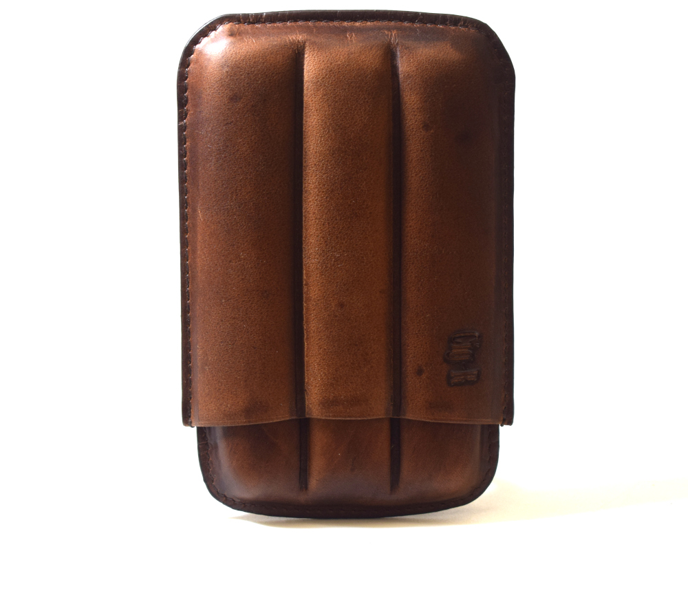 Chacom CIG-R Brown Leather 3 Finger Cigar Case - Fits 3 Cigars
