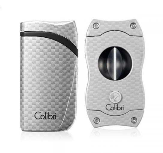 Colibri Falcon Single Jet Lighter & V Cut Set - Silver Carbon Fiber