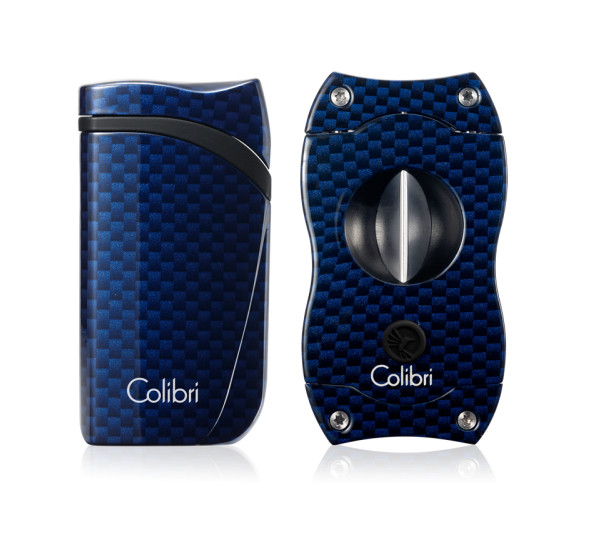 Colibri Falcon Single Jet Lighter & V Cut Set - Blue Carbon Fiber