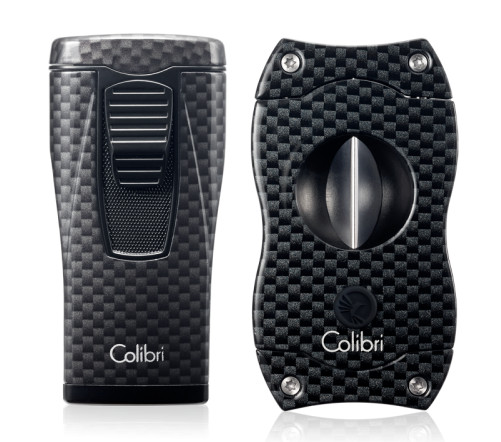 Colibri Monaco Triple-jet Flame Lighter & V Cut Cutter Set - Black Carbon
