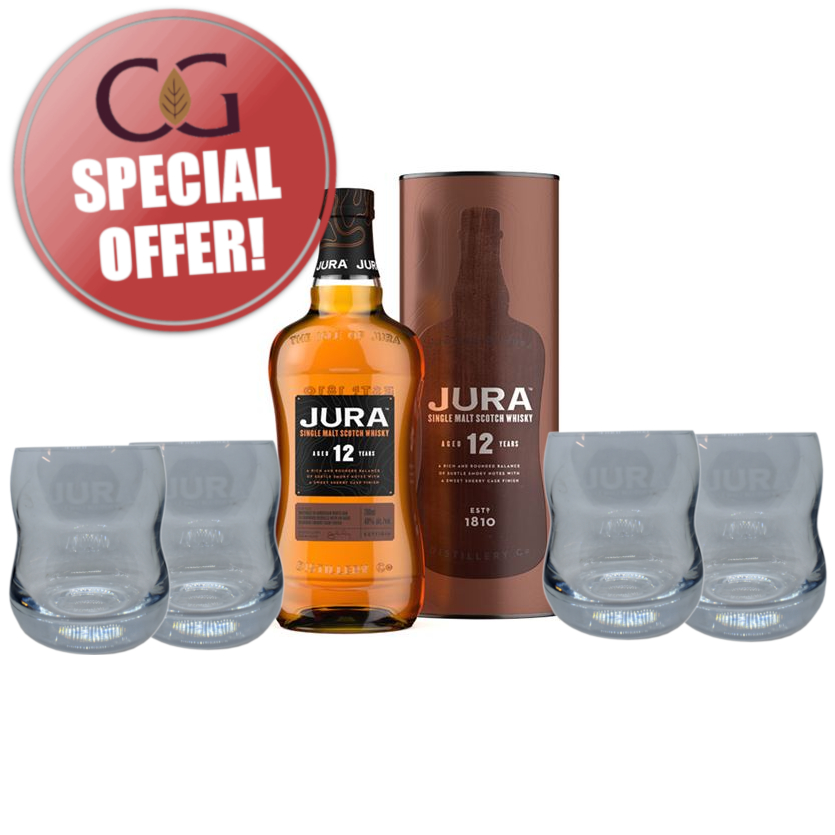 Isle of Jura 12 Year Old + 4 Whisky Glasses Sharing Set