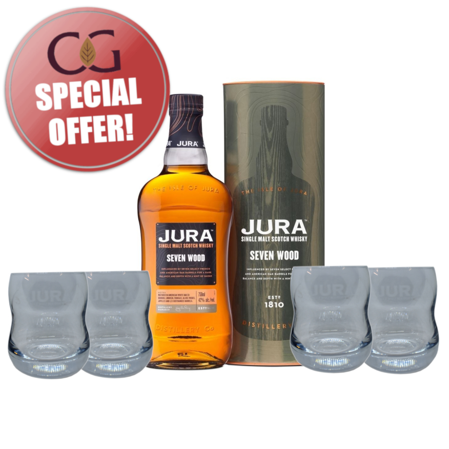 Isle of Jura Seven Wood Year Old + 4 Whisky Glasses Sharing Set