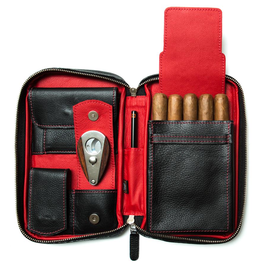 Peter James Cigar Aficionado Handmade Leather Travel Case Red & Black