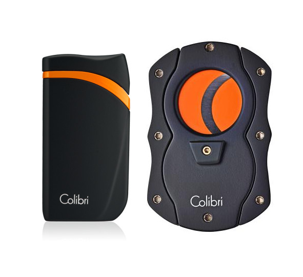 Colibri Falcon Single-jet Lighter & Cutter Set - Black & Orange (Discontinued)