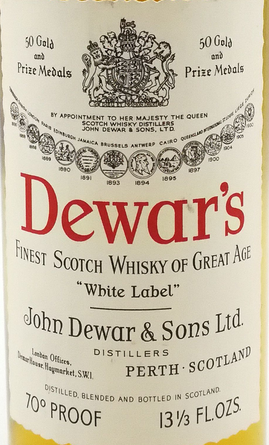 Dewars 1970s White Label Finest Scotch Whisky 13 1/3 Fl. Oz.