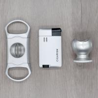 Cigarism Jet Flame Lighter, V Cut Cutter & Cigar Stand Gift Set - Silver