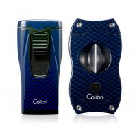 Colibri Monaco Triple-jet Flame Lighter & V Cut Cutter Set - Blue Carbon