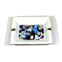 Cigar Ashtray - Two Cigar Rest -  Oblong White and Gold Cat Print