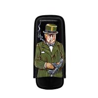 J Cure Hand Painted Black Leather Cigar Case 2 Cigar Capacity - Churchill Green Suit