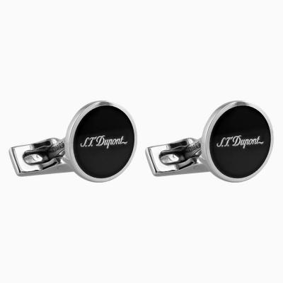 ST Dupont Cufflinks - Silver & Black Lacquer Round