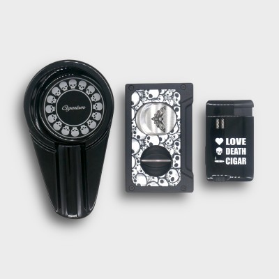 Cigarism Jet Flame Lighter, Cigar Cutter & Ashtray Gift Set - Skull