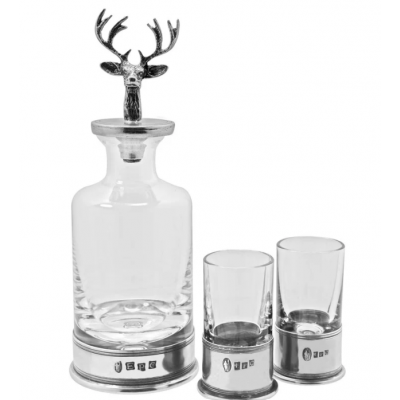 180ml Spirit Stag Head English Pewter & Crystal Mini Decanter Set With Shot Glasses