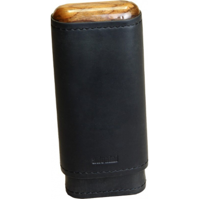Adorini Leather Adaptable Black Wooden Top & Bottom Cigar Case - 2-3 Cigar Capacity (AD071)