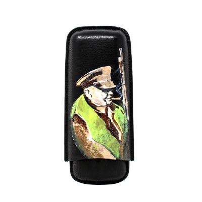 J Cure Hand Painted Black Leather Cigar Case 2 Cigar Capacity - Churchill Green Waistcoat
