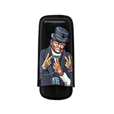 J Cure Hand Painted Black Leather Cigar Case 2 Cigar Capacity - Churchill Peace Signs