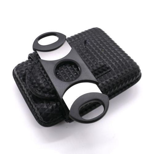 Angelo Diamond Patterned Black Leather Lined Cigar Case & Cutter - Holds 3 Cigars - 64 Ring Gauge