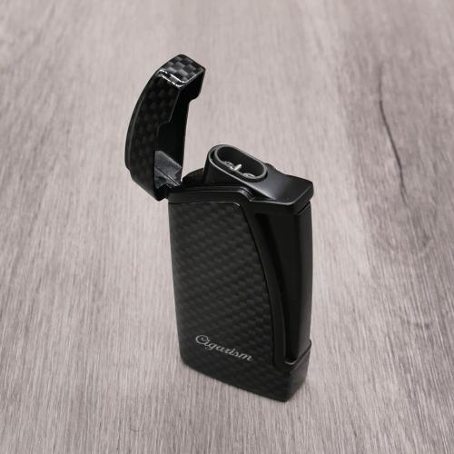 Cigarism Double Jet Flame Lighter & Round Cutter Gift Set - Carbon Fibre Black