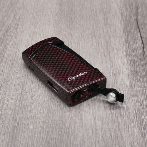 Cigarism Double Jet Flame Lighter & Round Cutter Gift Set - Carbon Fibre Red