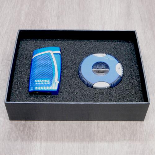 Cigarism Double Jet Flame Lighter & Round Cutter Gift Set - Blue