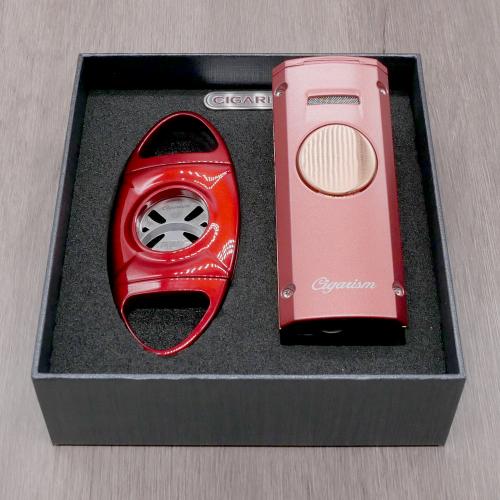 Cigarism Quad Torch Jet Flame Table Lighter & Cutter Gift Set - Red