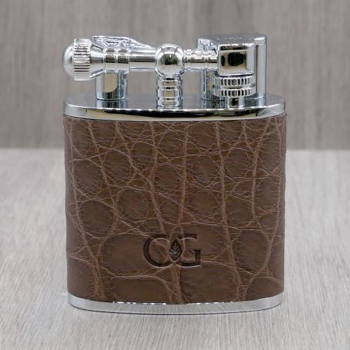 J Cure C.Gars Collection Jet Flame Table Lighter - Brown Crocodile Leather (End of Line)