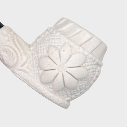 Meerschaum Small Floral Bent Black Stem Fishtail Pipe (MEER397)