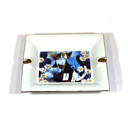 Cigar Ashtray - Two Cigar Rest -  Oblong White and Gold Cat Print