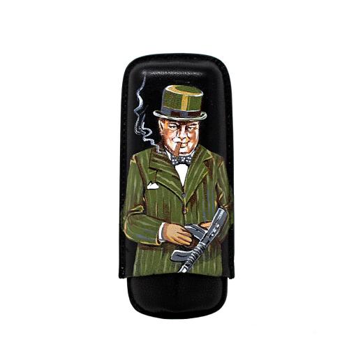 J Cure Hand Painted Black Leather Cigar Case 2 Cigar Capacity - Churchill Green Suit