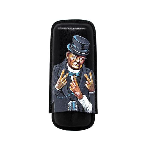 J Cure Hand Painted Black Leather Cigar Case 2 Cigar Capacity - Churchill Peace Signs