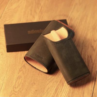 Adorini Leather Adaptable Black Wooden Top & Bottom Cigar Case - 2-3 Cigar Capacity (AD071)