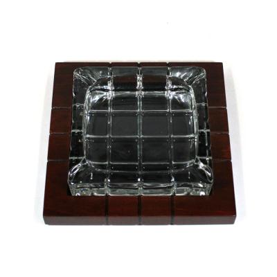 Prestige Cross Hatched Crystal Glass with Wooden Base Cigar Ashtray