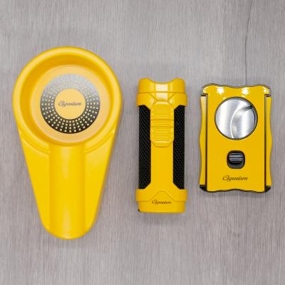 Cigarism Single Torch Jet Flame Lighter, V-Cut Cigar Cutter & Ashtray Gift Set - Yellow