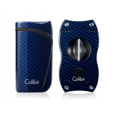 Colibri Falcon Single Jet Lighter & V Cut Set - Blue Carbon Fiber