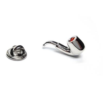 Bent Smoking Pipe with Red Crystal Lapel Pin Badge