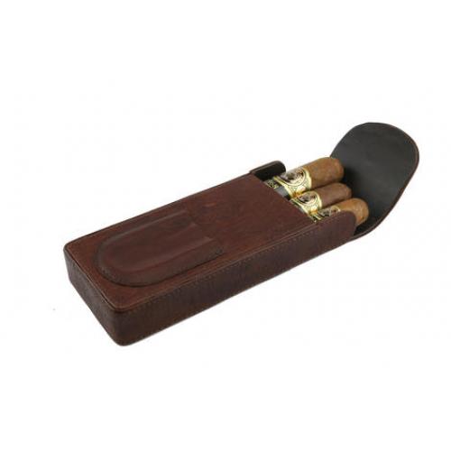 Brown Leather Cigar Case with Cutter Holder - 3 Large Cigars