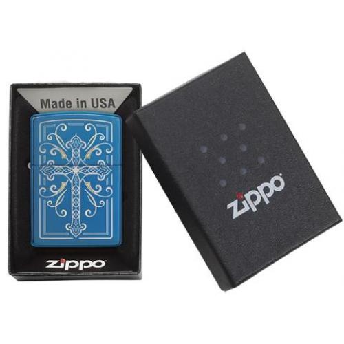 Zippo - High Polish Blue Elegant Cross Design - Windproof Lighter - CHRISTMAS SALE