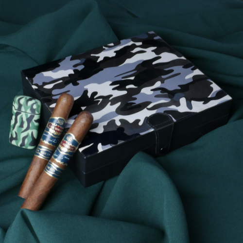Leather Camouflage Desk Top Humidor - 8-10 Cigar Capacity - Black & Grey