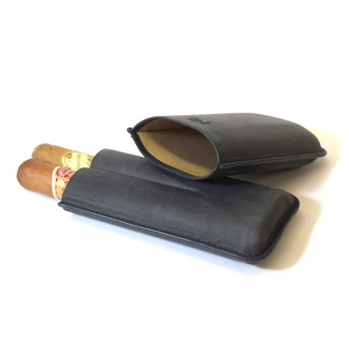 Chacom CIG-R Grey Leather 2 Finger Cigar Case - Fits 2 Cigars