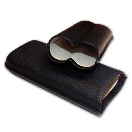 Black Leather Cigar Case by Sikarlan - Fits two cigars - 64 Ring Gauge