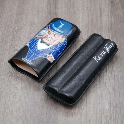 J Cure Hand Painted Black Leather Cigar Case 2 Cigar Capacity - Churchill Blue Striped Suit
