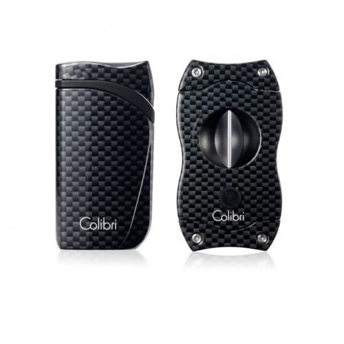 Colibri Falcon Single Jet Lighter & V Cut Set - Black Carbon Fiber