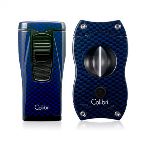 Colibri Monaco Triple-jet Flame Lighter & V Cut Cutter Set - Blue Carbon