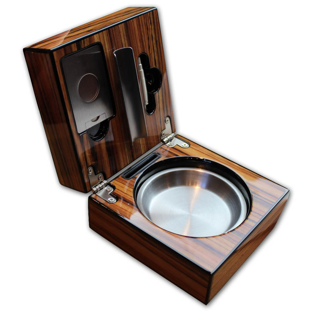 Folding Cigar Ashtray With Accessories - Zebrano Finish